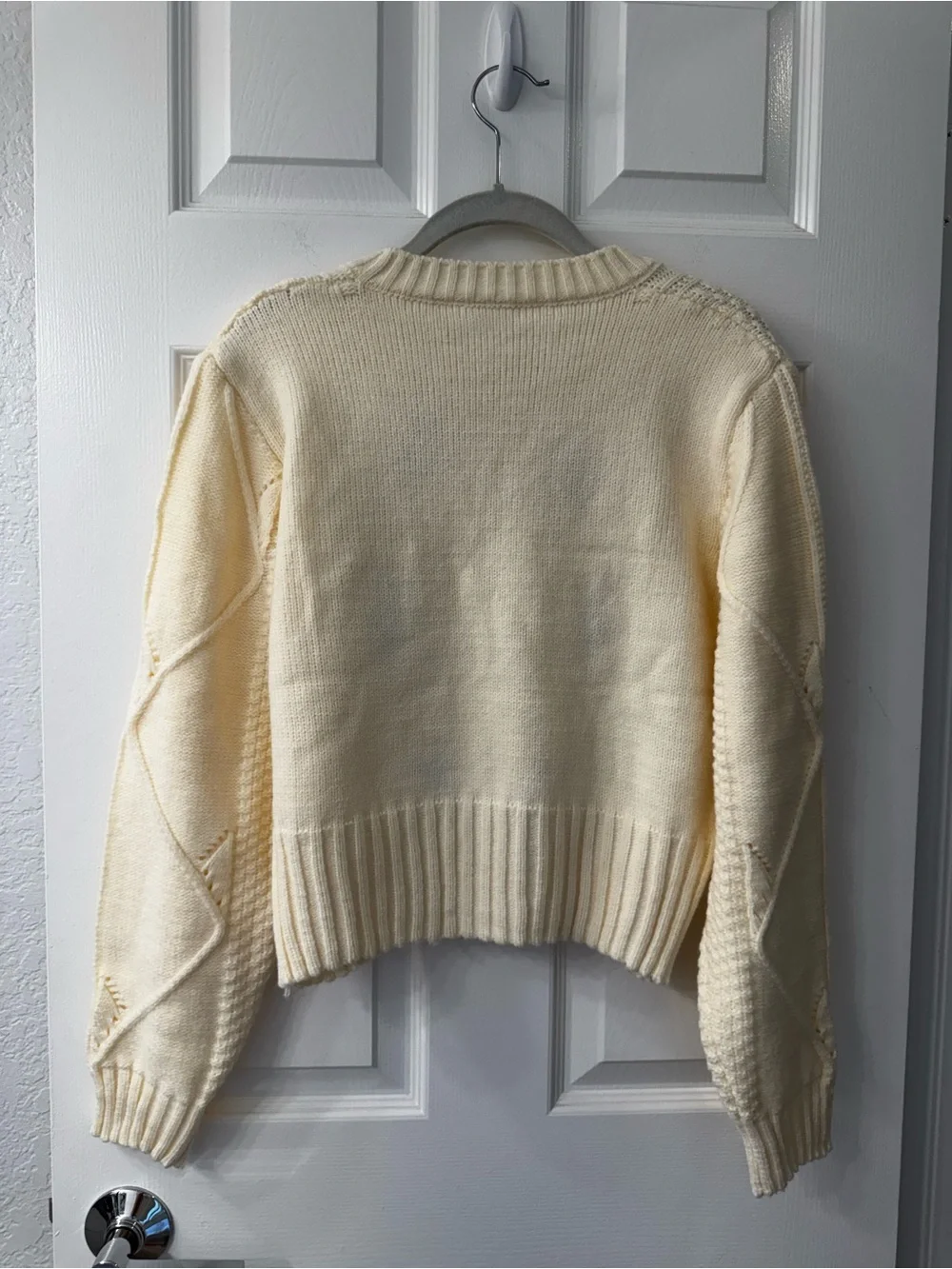 Handmade Cream Chunky Knit Button-Front Sweater with Burgundy Floral Embroidery
